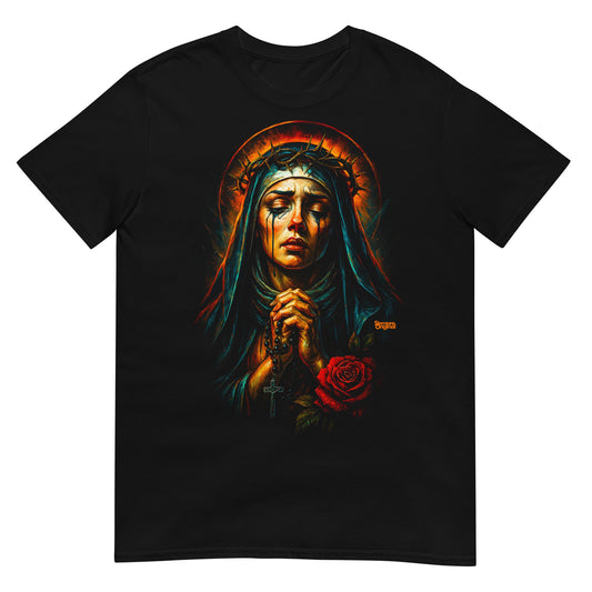 camiseta virgen maria corona de lagrimas en color negro