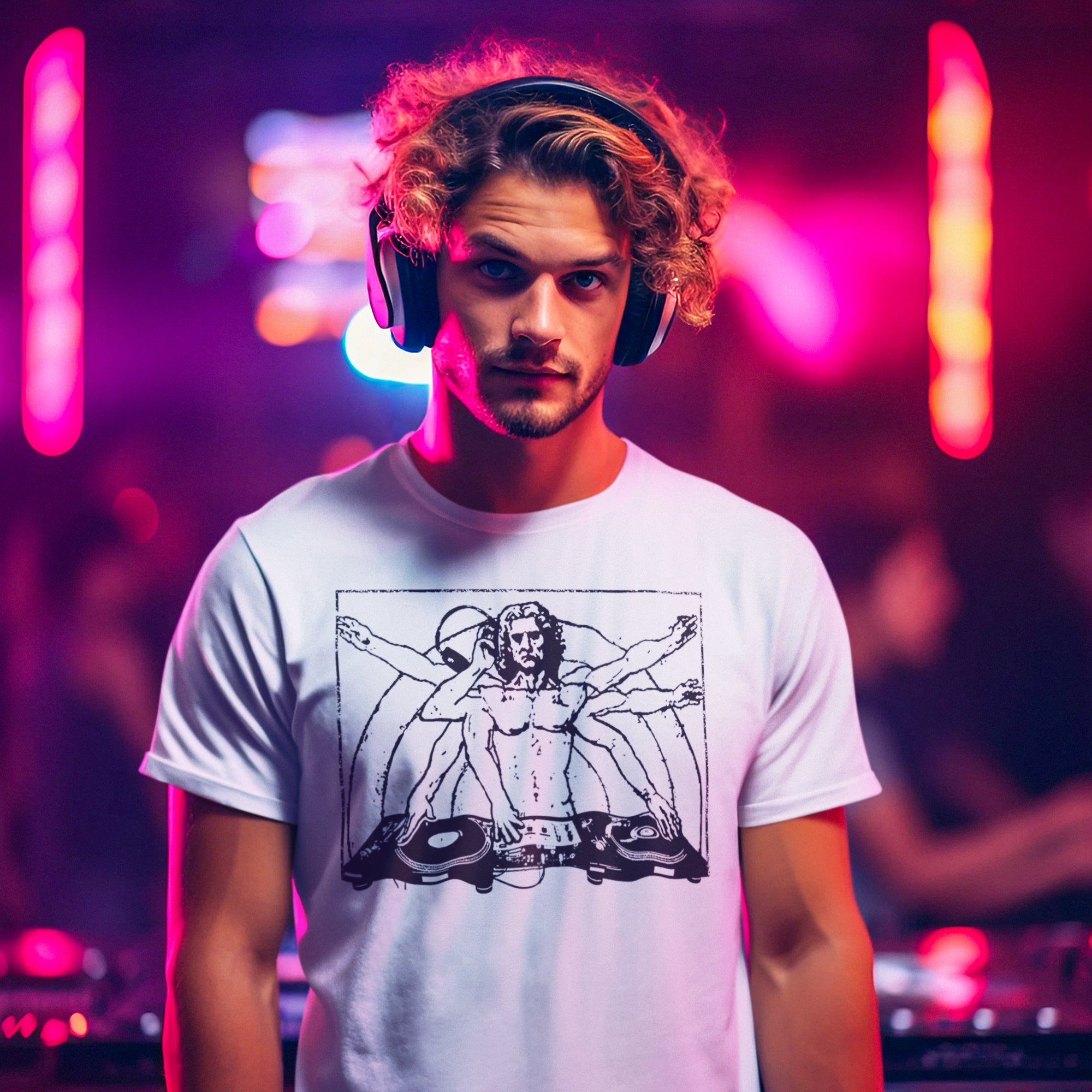 hombre con camiseta vitruvio dj musica electronica blanca
