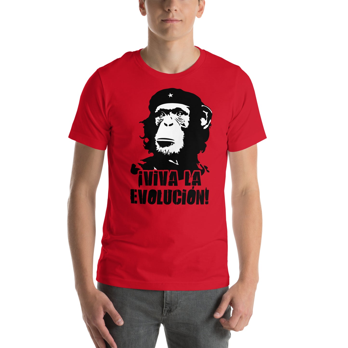 hombre con camiseta viva la evolucion mono che guevara roja