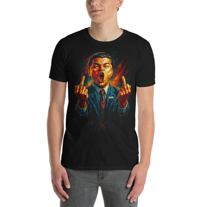 hombre con camiseta el lobo wall street rebelde negra