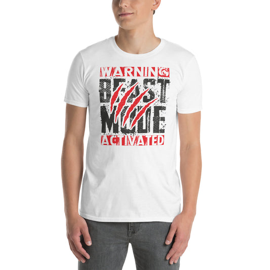 hombre con camiseta warning beast mode activated peligro modo bestia activado gym gimnasio fitness en color blanco