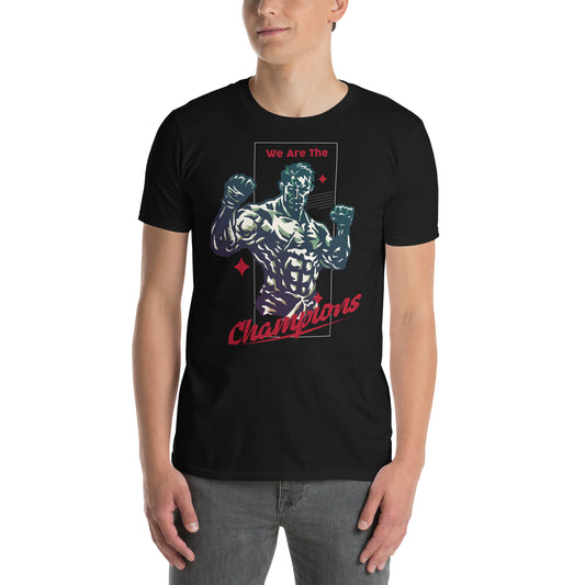 hombre con camiseta we are the champions gym gimnasio fitness en color negro