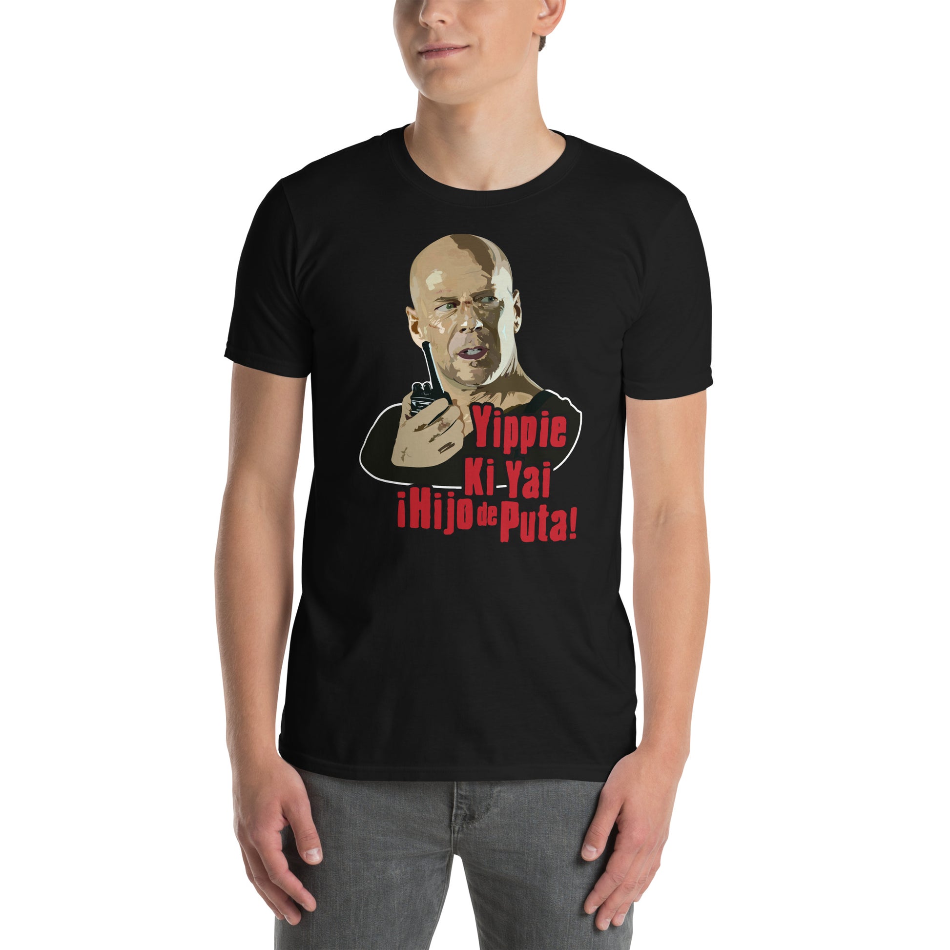 hombre con camiseta yippie ki yay la jungla de cristal negra