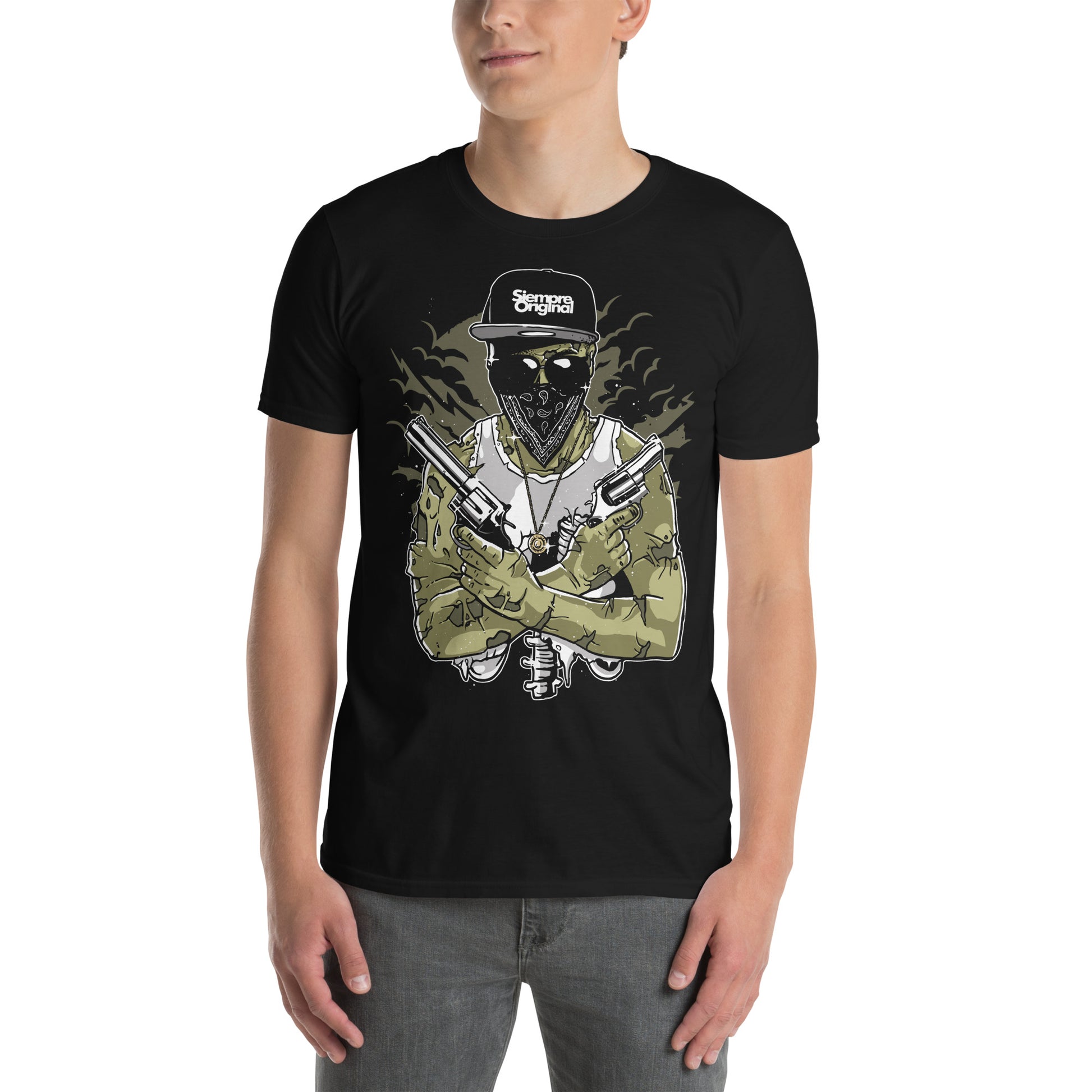 hombre con camiseta zombie gangster negra