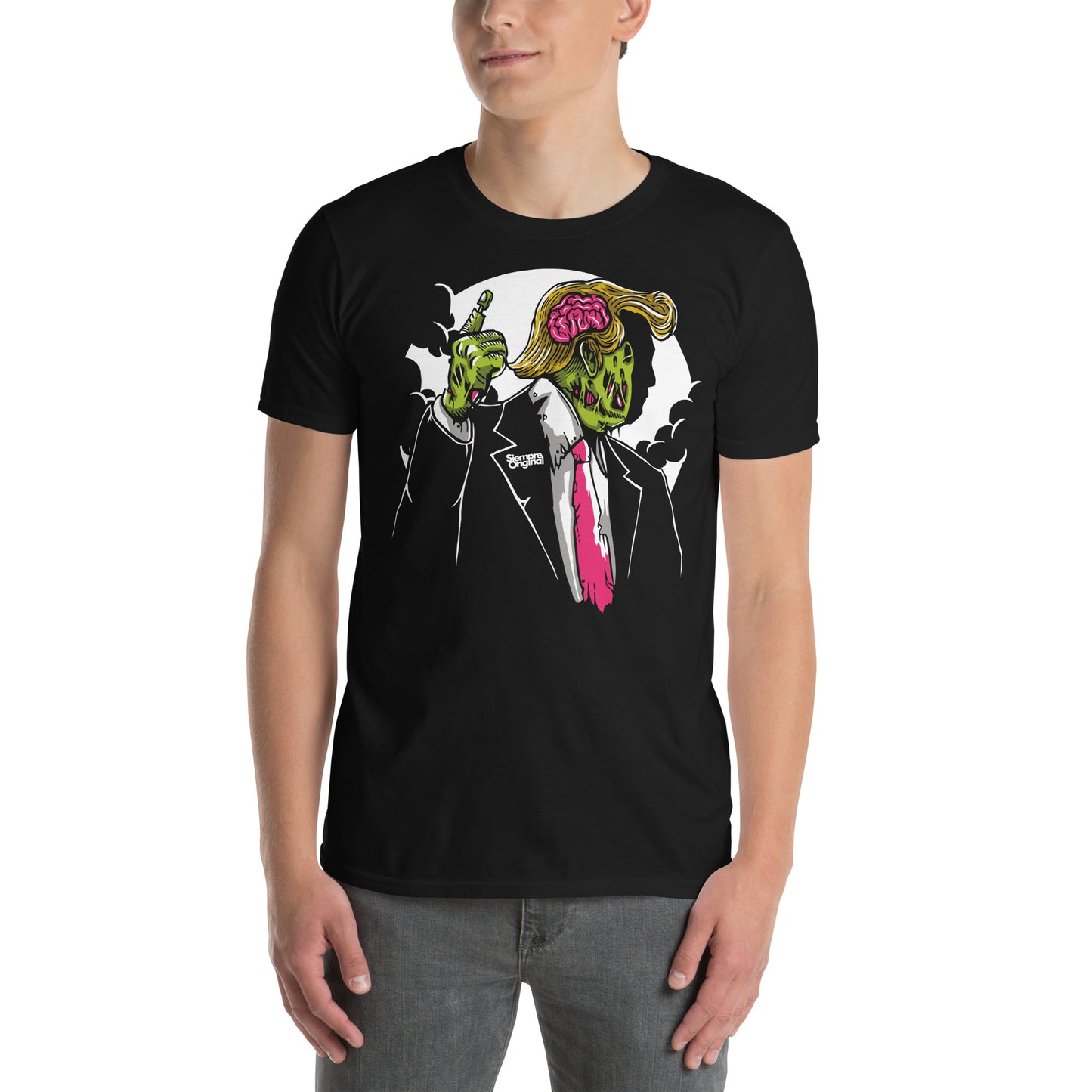 hombre con camiseta zombie donald trump negra