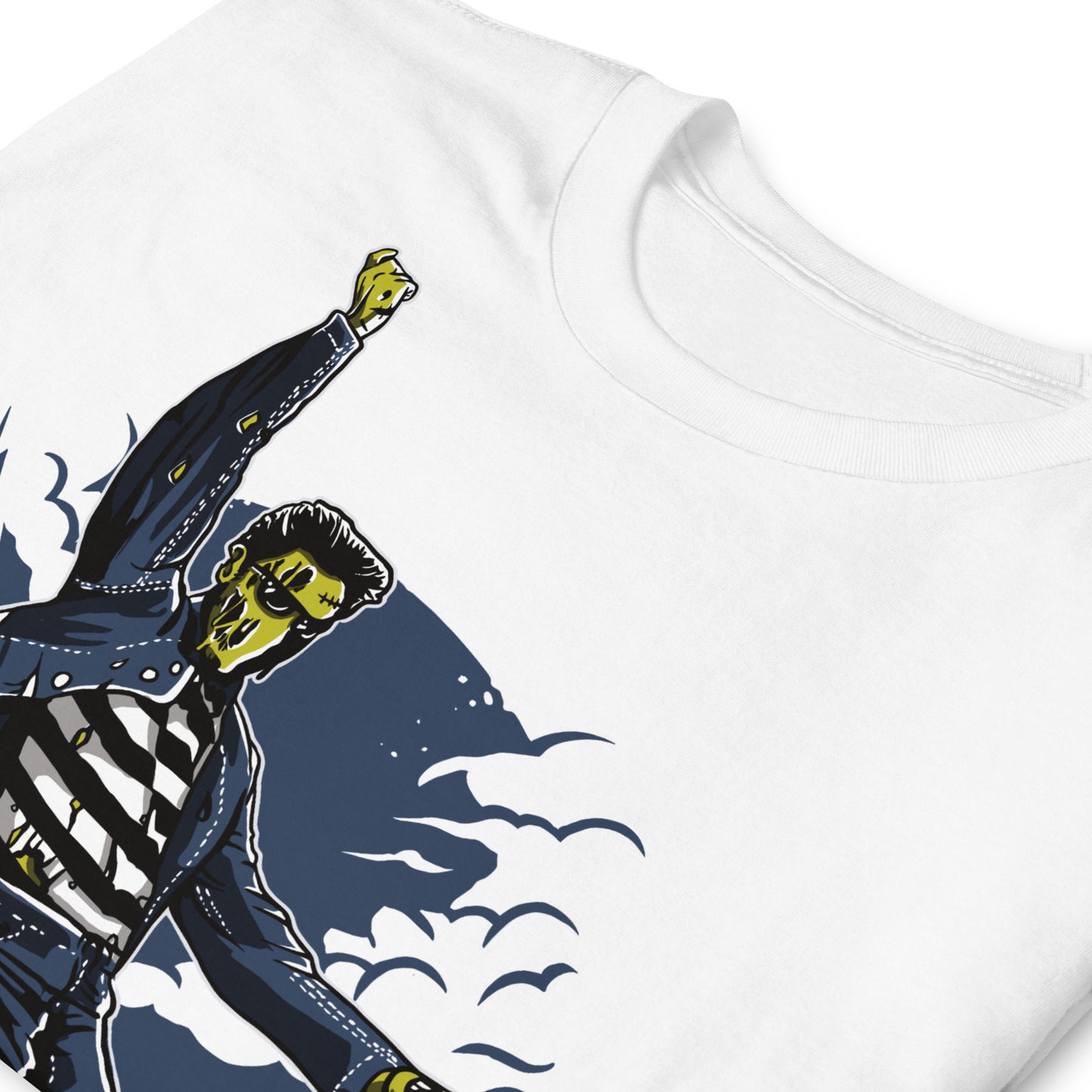 detalle de camiseta zombie rock and roll elvis presley blanca