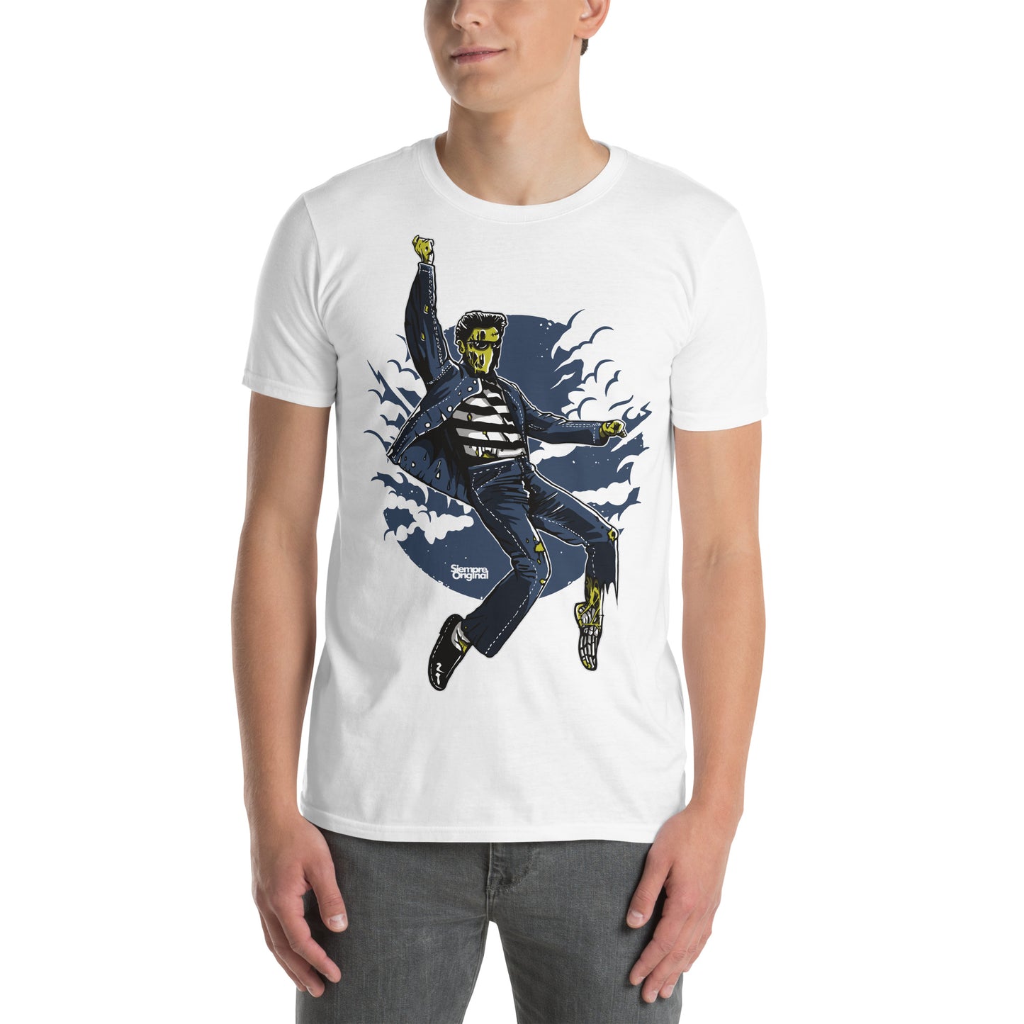 hombre con camiseta zombie rock and roll elvis presley blanca
