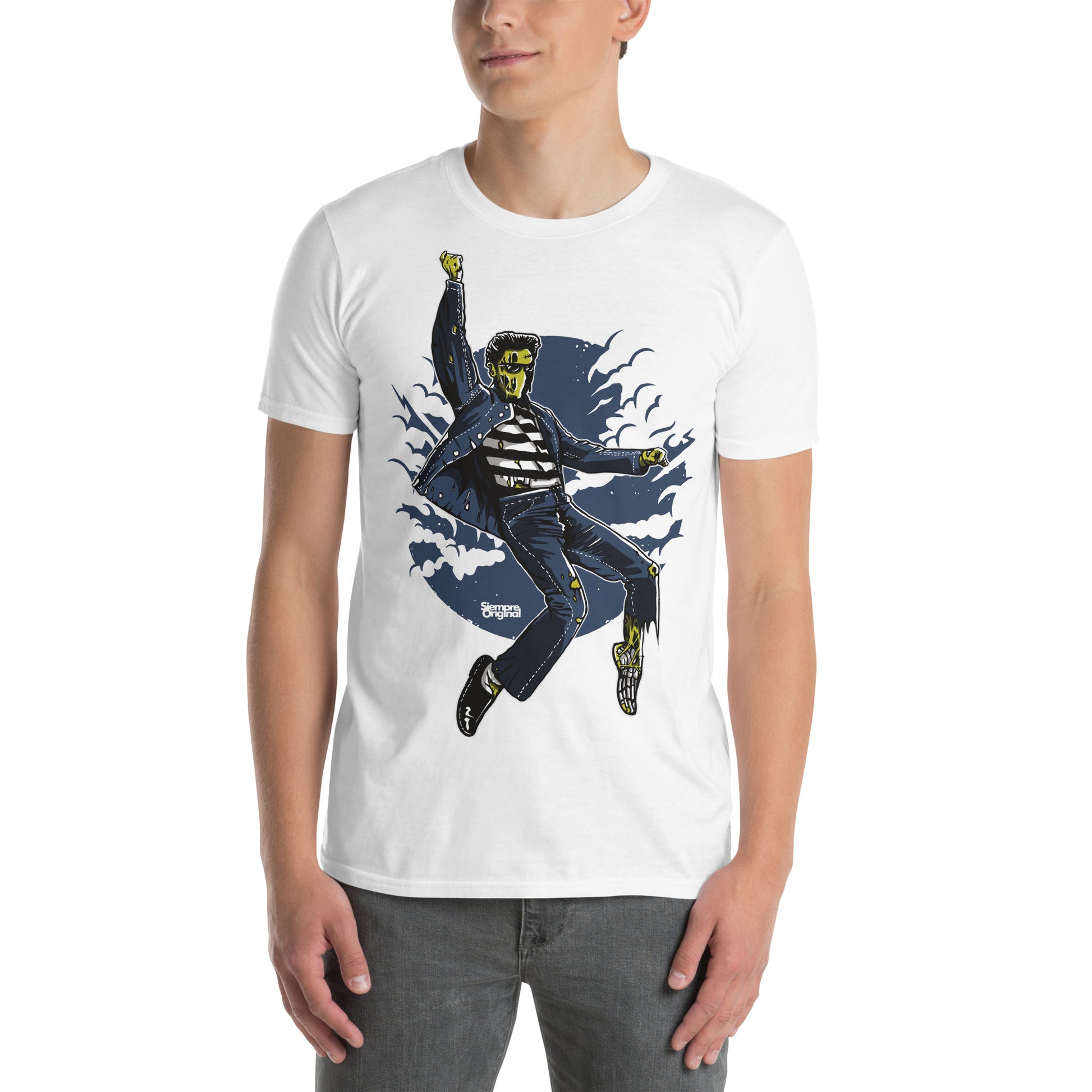 hombre con camiseta zombie rock and roll elvis presley blanca