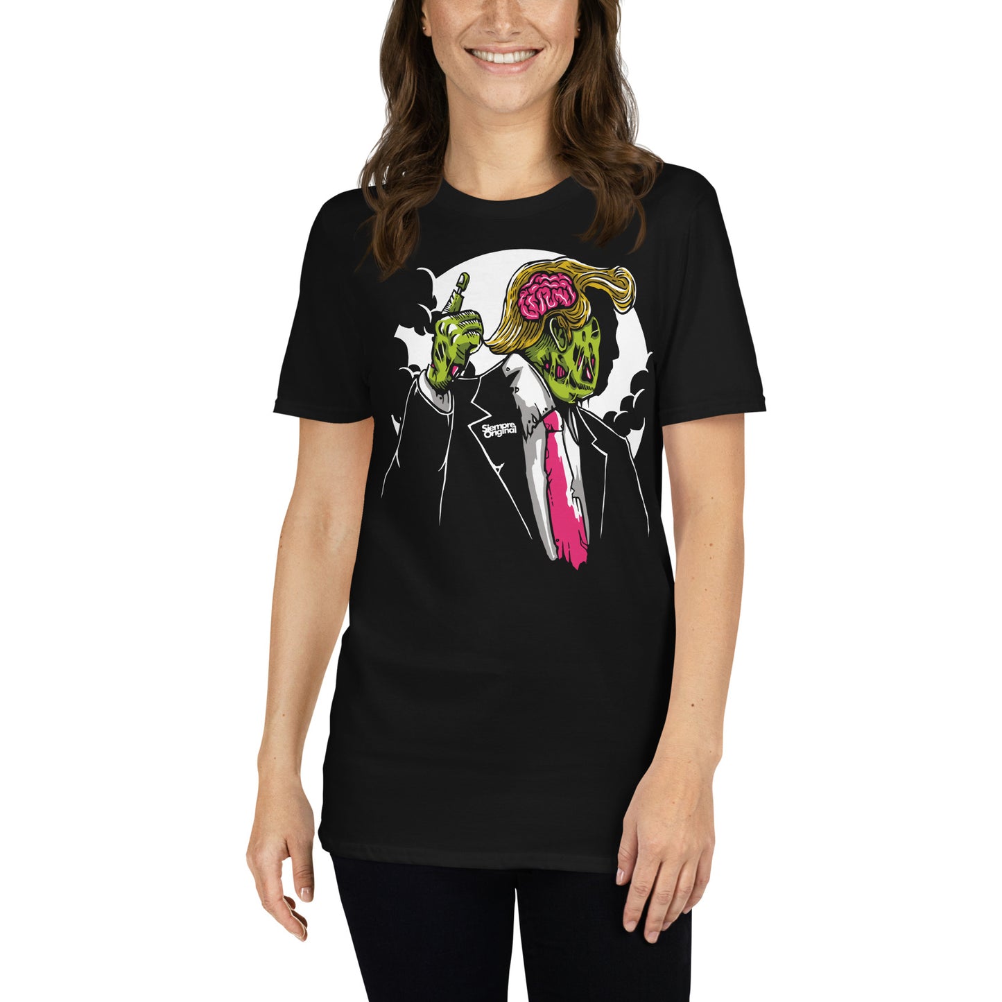 mujer con camiseta zombie trump siempre original urban en color negro