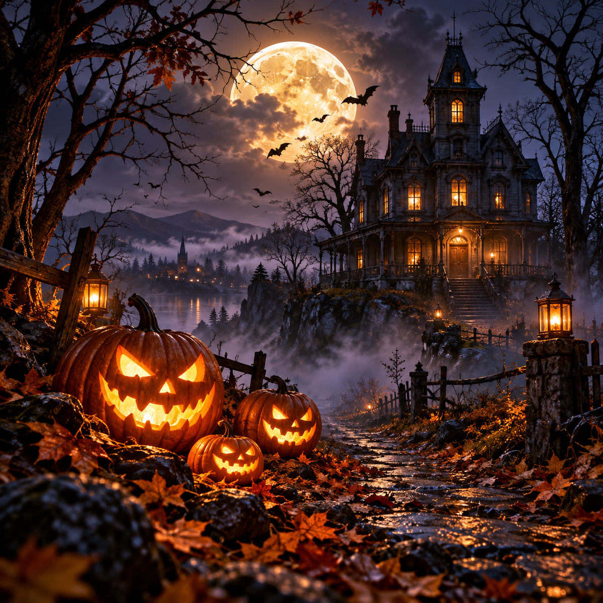 Casa encantada con calabazas iluminadas en una noche de Halloween