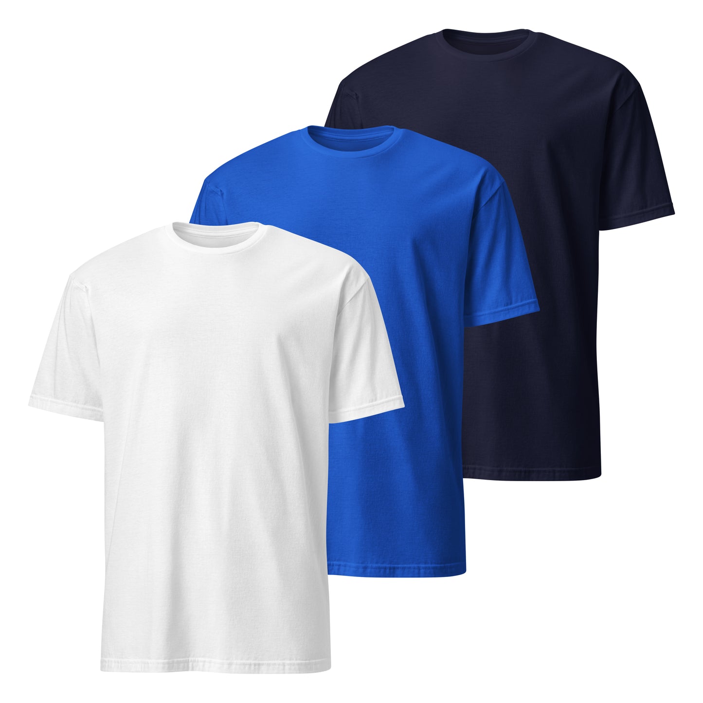 pack de 3 camisetas basicas de algodon en color blanco azul royal y azul marino