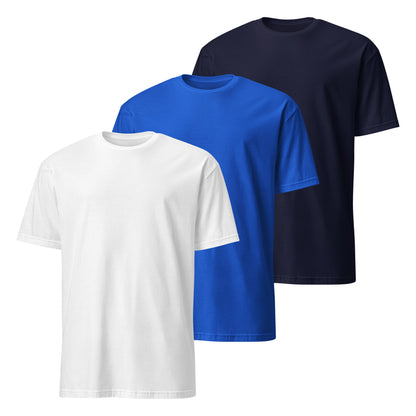 pack de 3 camisetas basicas de algodon en color blanco azul royal y azul marino