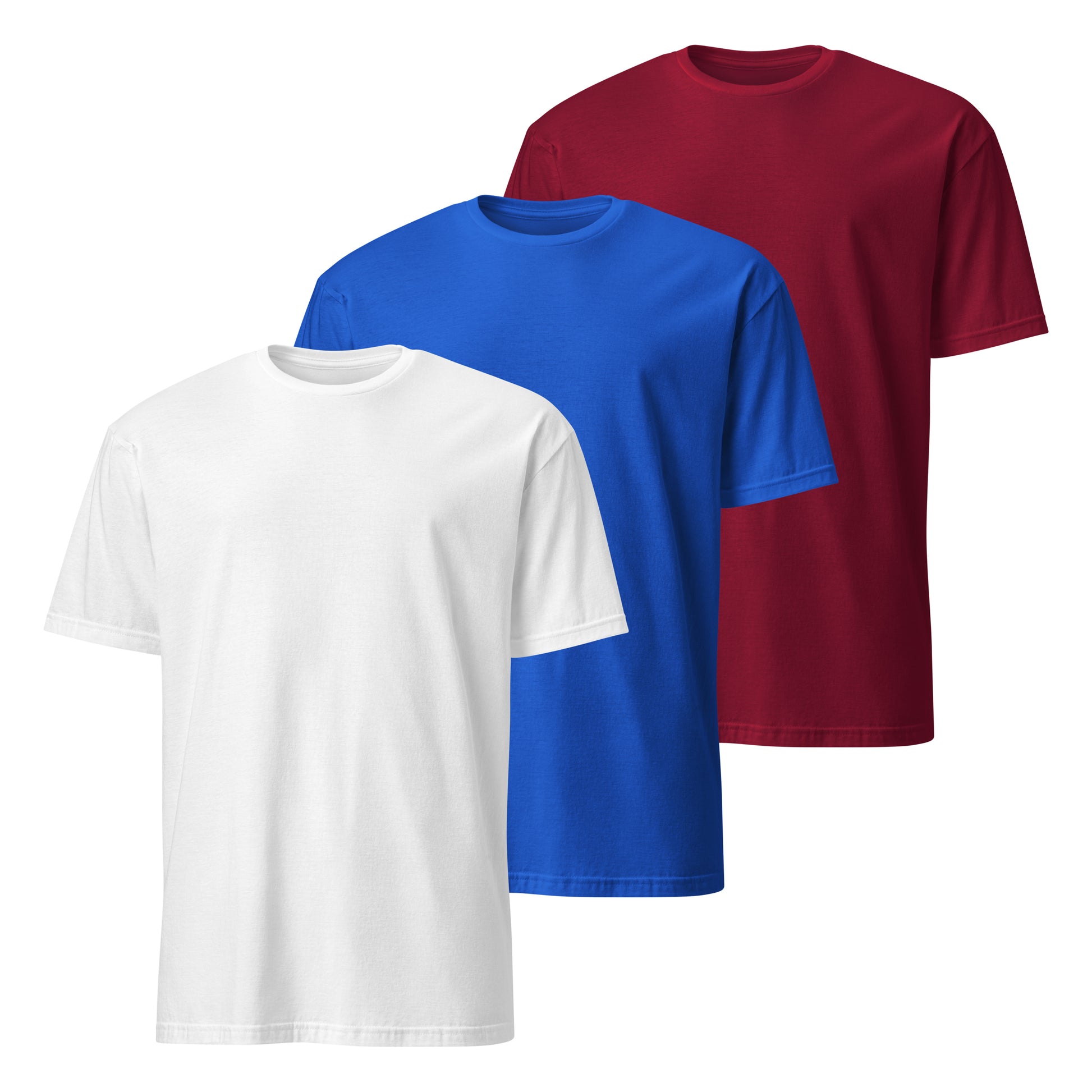 pack de 3 camisetas basicas de algodon en color blanco azul royal y burdeos