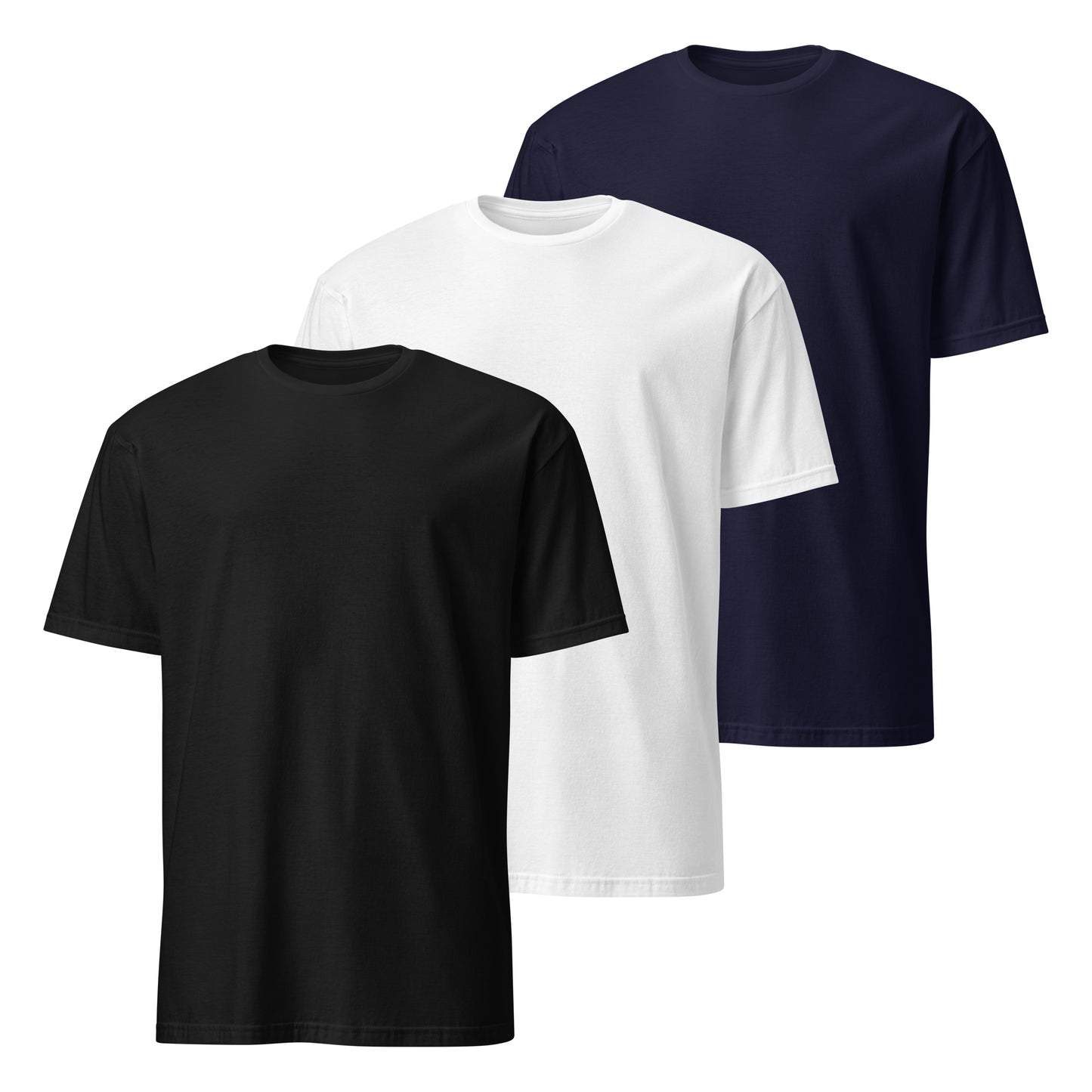 pack de 3 camisetas basicas de algodon en color blanco negro y azul marino