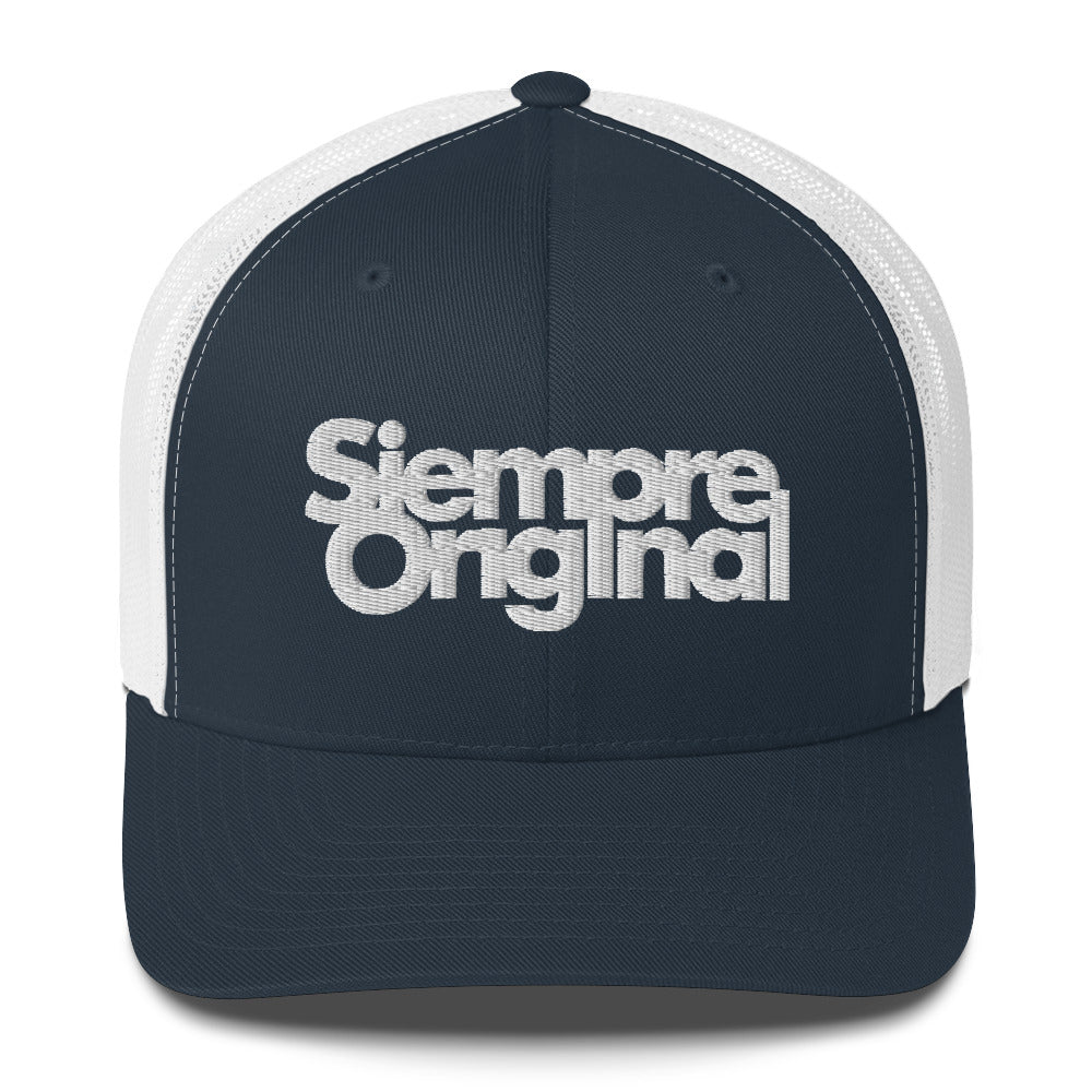 Gorra de Camionero con logo Siempre Original bordado. Color Azul Marino y Blanco.