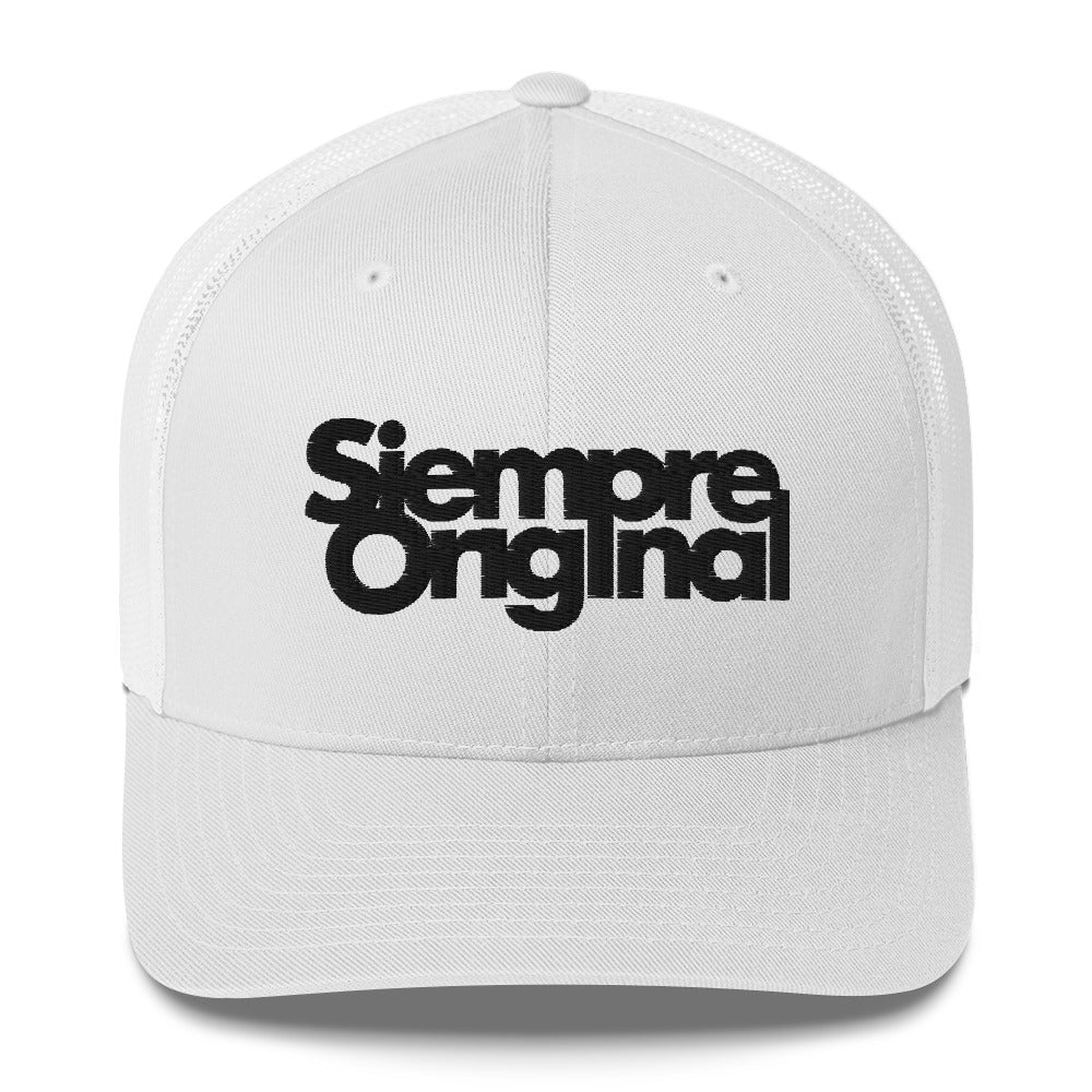 Gorra de Camionero con logo Siempre Original bordado. Color Blanco.