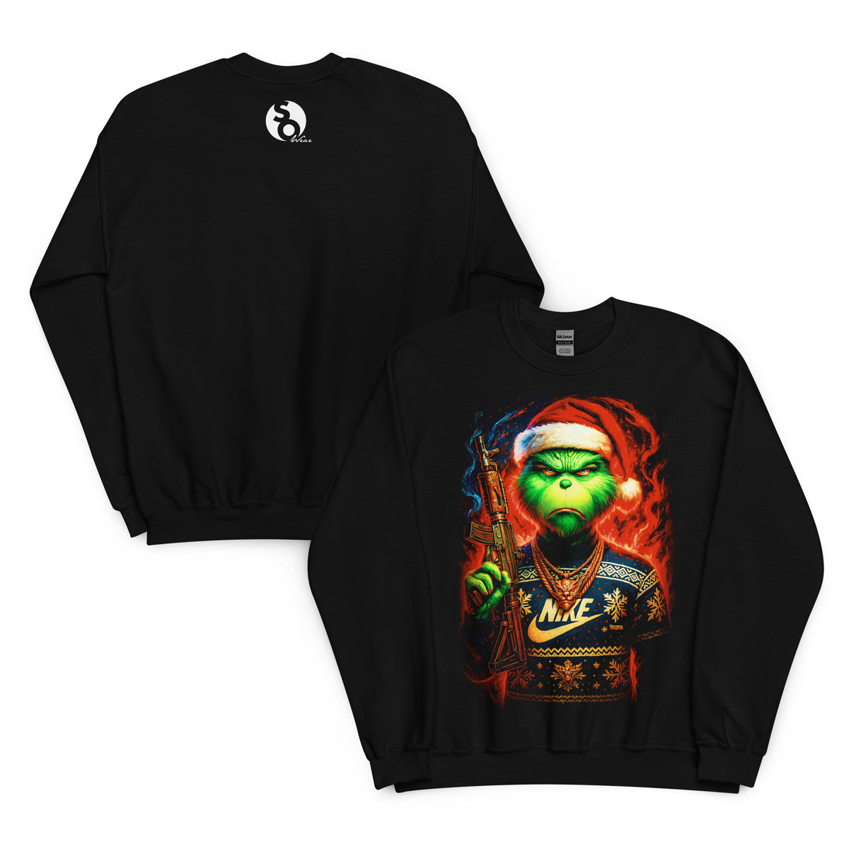 Sudadera negra Grinch Gangsta con estilo navideño urbano delante y logo SO Wear detrás