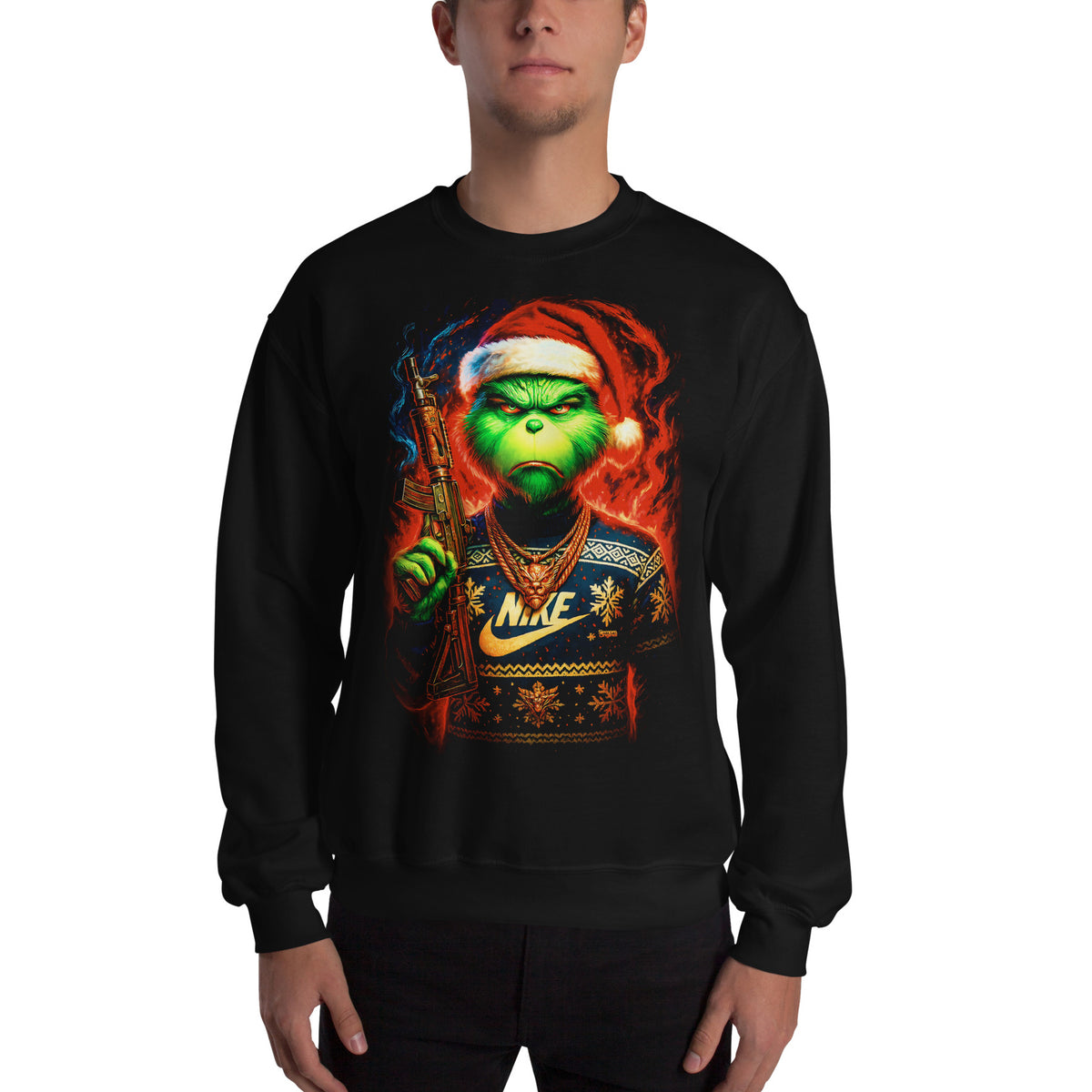 Hombre con sudadera negra Grinch Gangsta con estilo navideño urbano
