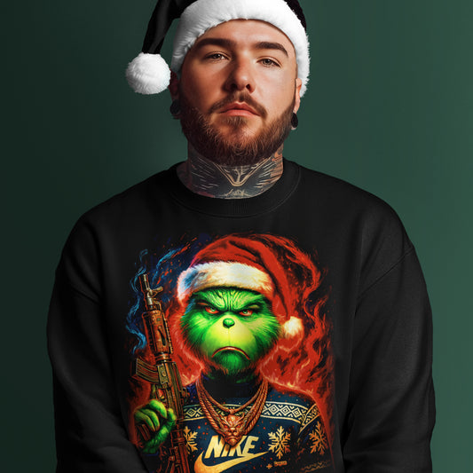 Hombre con sudadera negra Grinch Gangsta con estilo navideño urbano