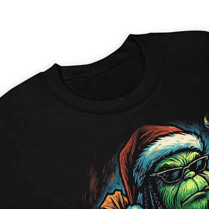 Detalle de sudadera negra Grinch Urbano con diseño navideño de estilo hip hop