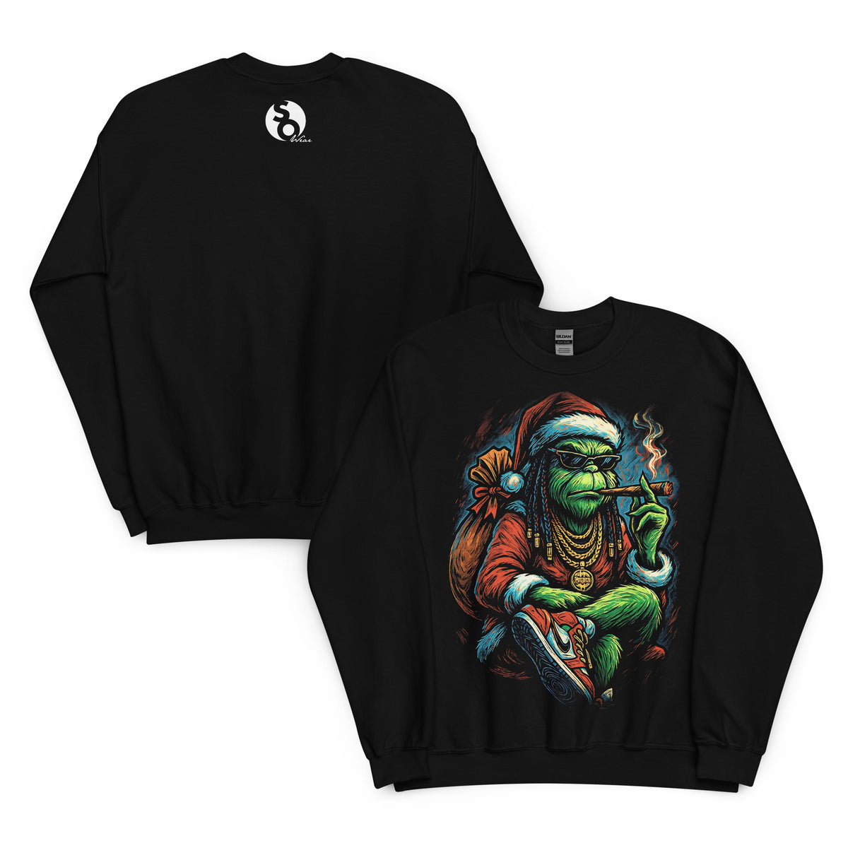 Sudadera negra Grinch Urbano con diseño navideño de estilo hip hop delante y logo SO Wear detrás