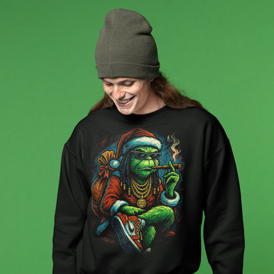 Hombre con sudadera negra Grinch Urbano con diseño navideño de estilo hip hop