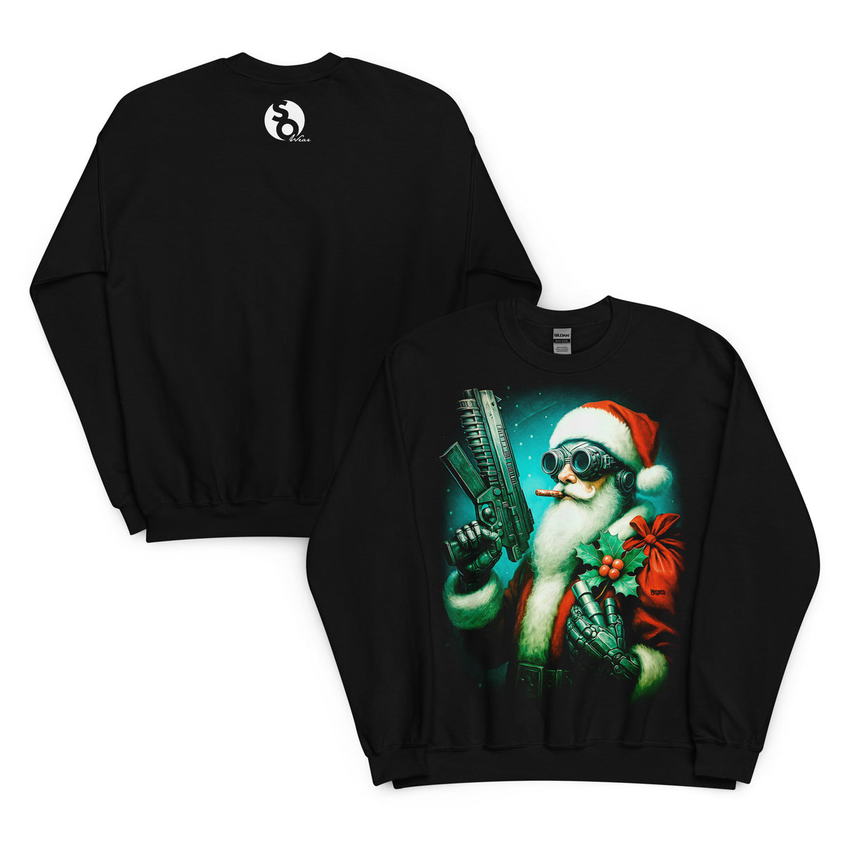 Sudadera negra con Papá Noel de estilo cyberpunk delante y logo SO Wear detrás