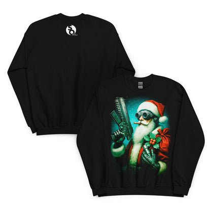 Sudadera negra con Papá Noel de estilo cyberpunk delante y logo SO Wear detrás