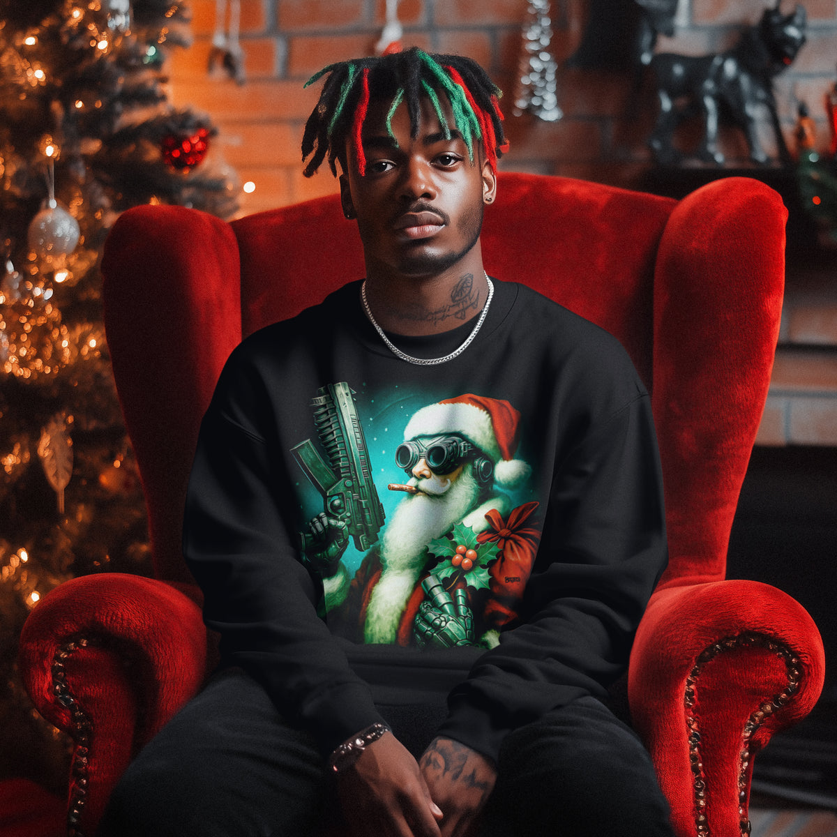 Hombre con sudadera negra con Papá Noel de estilo cyberpunk sentado en sillón rojo y decoración de Navidad