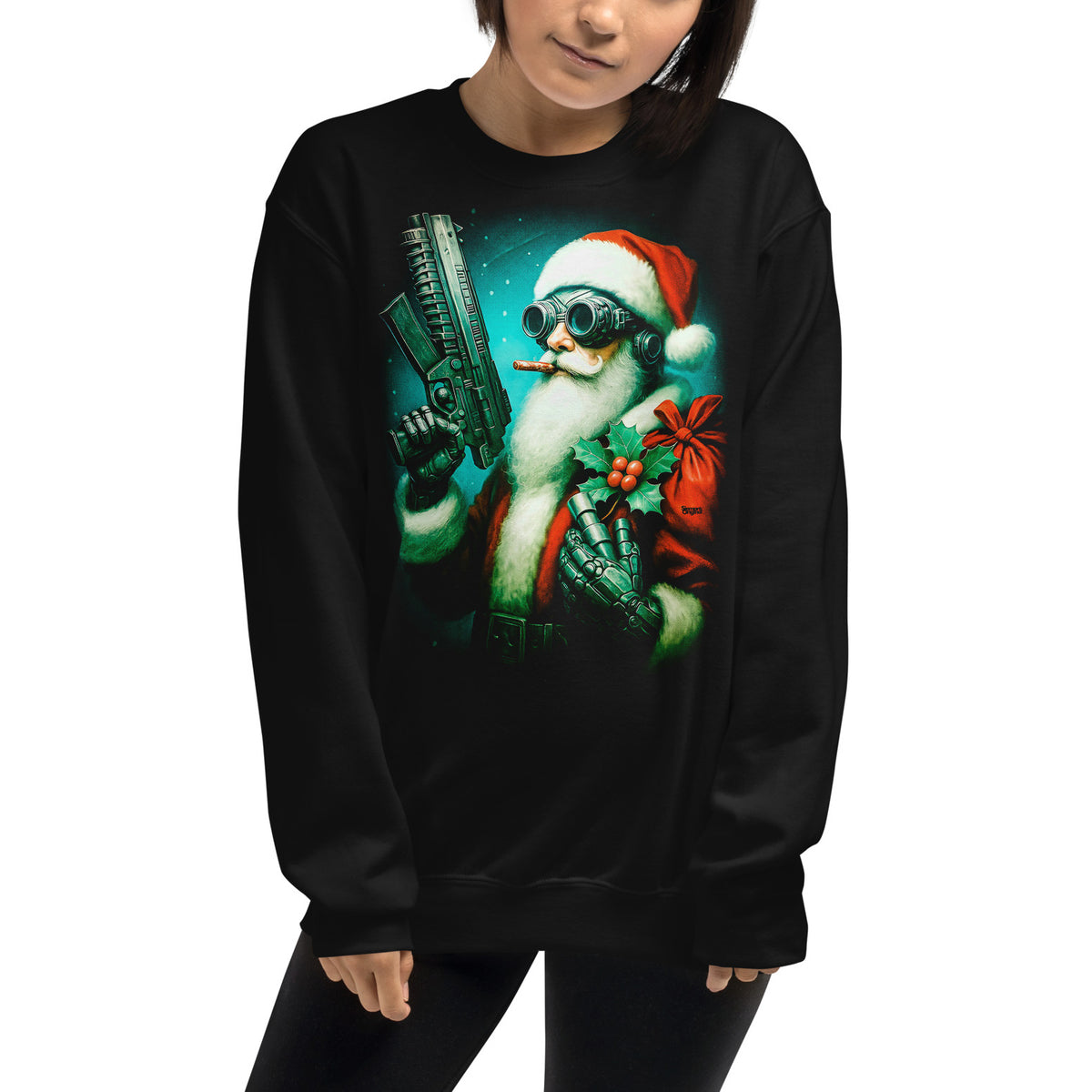 Mujer con sudadera negra con Papá Noel de estilo cyberpunk