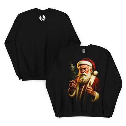 sudadera negra con Papá Noel rebelde fumando puros delante y logo SO Wear detrás