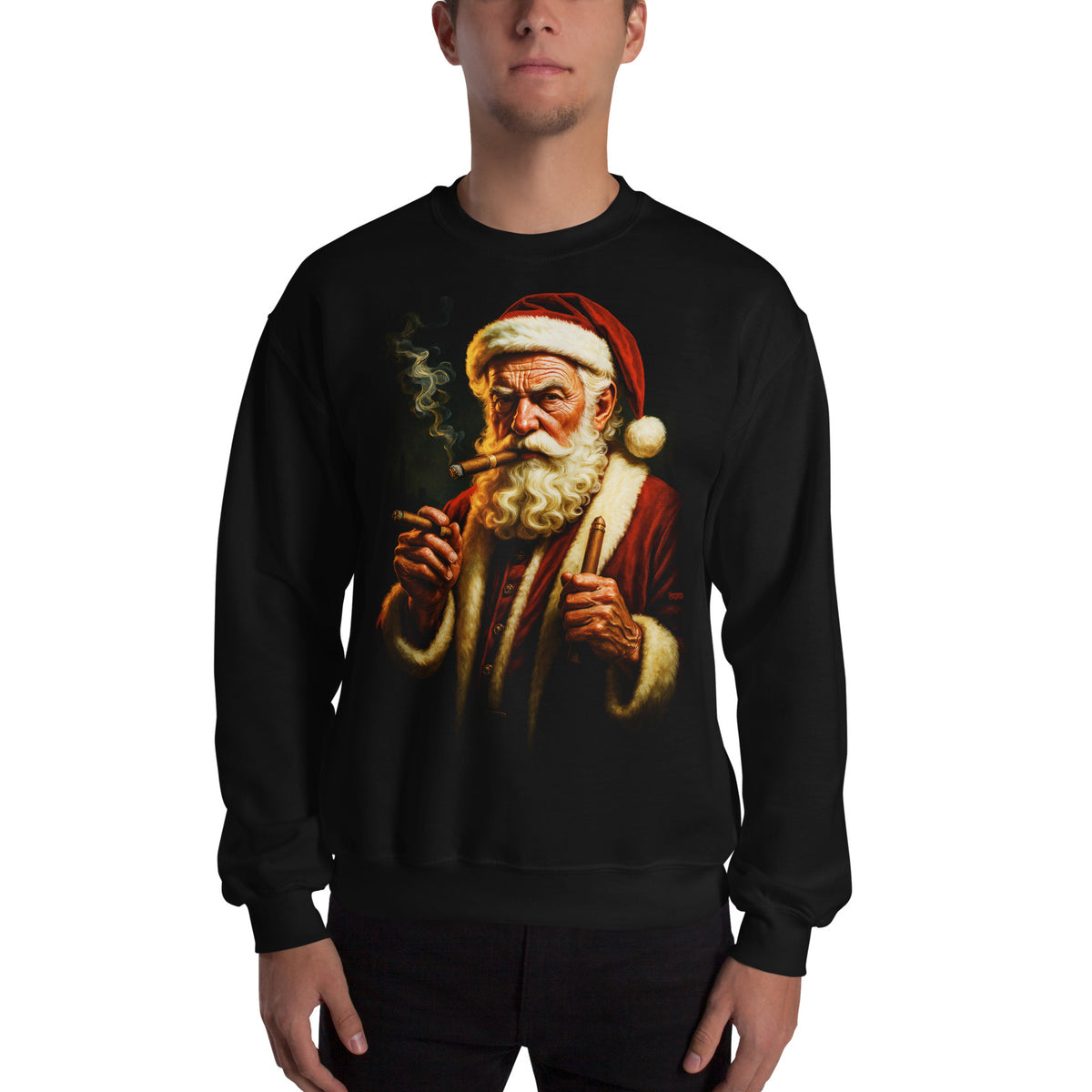 Hombre con sudadera negra con Papá Noel rebelde fumando puros y diseño navideño original