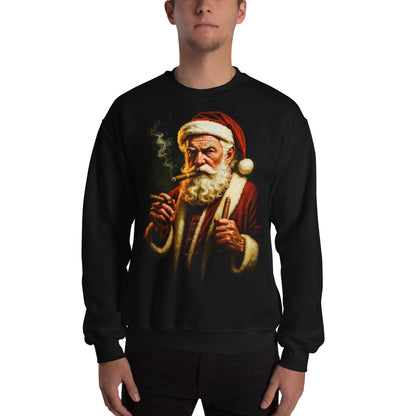 Hombre con sudadera negra con Papá Noel rebelde fumando puros y diseño navideño original