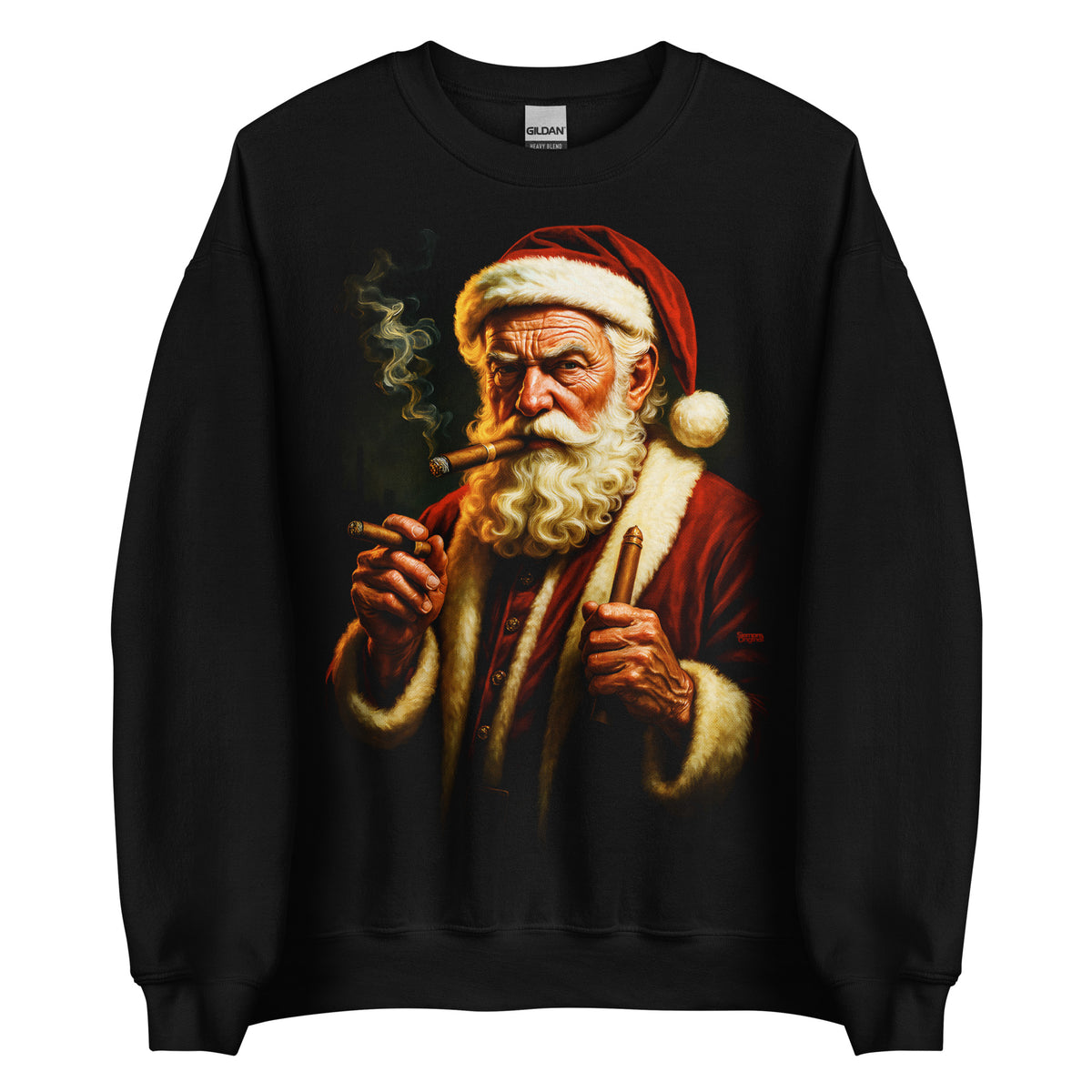 Sudadera negra con Papá Noel rebelde fumando puros y diseño navideño original