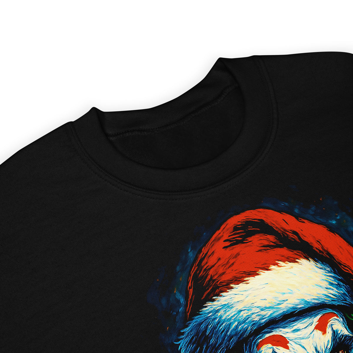 Detalle de sudadera negra de Joker navideño con gorro de Papá Noel