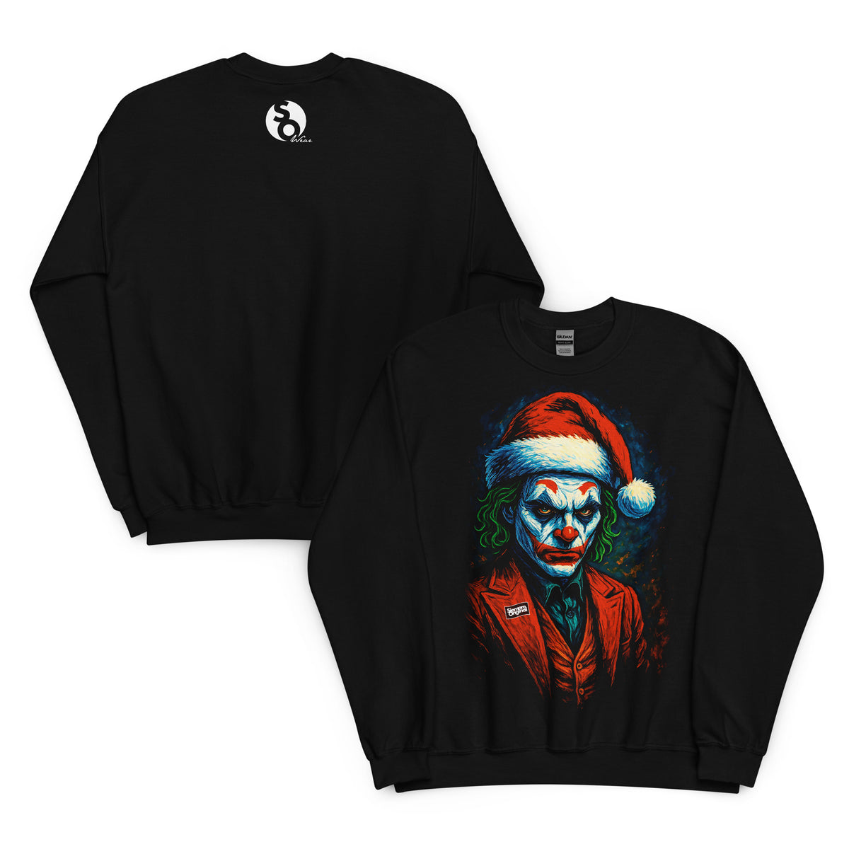 Sudadera negra de Joker navideño con gorro de Papá Noel delante y logo SO Wear detrás