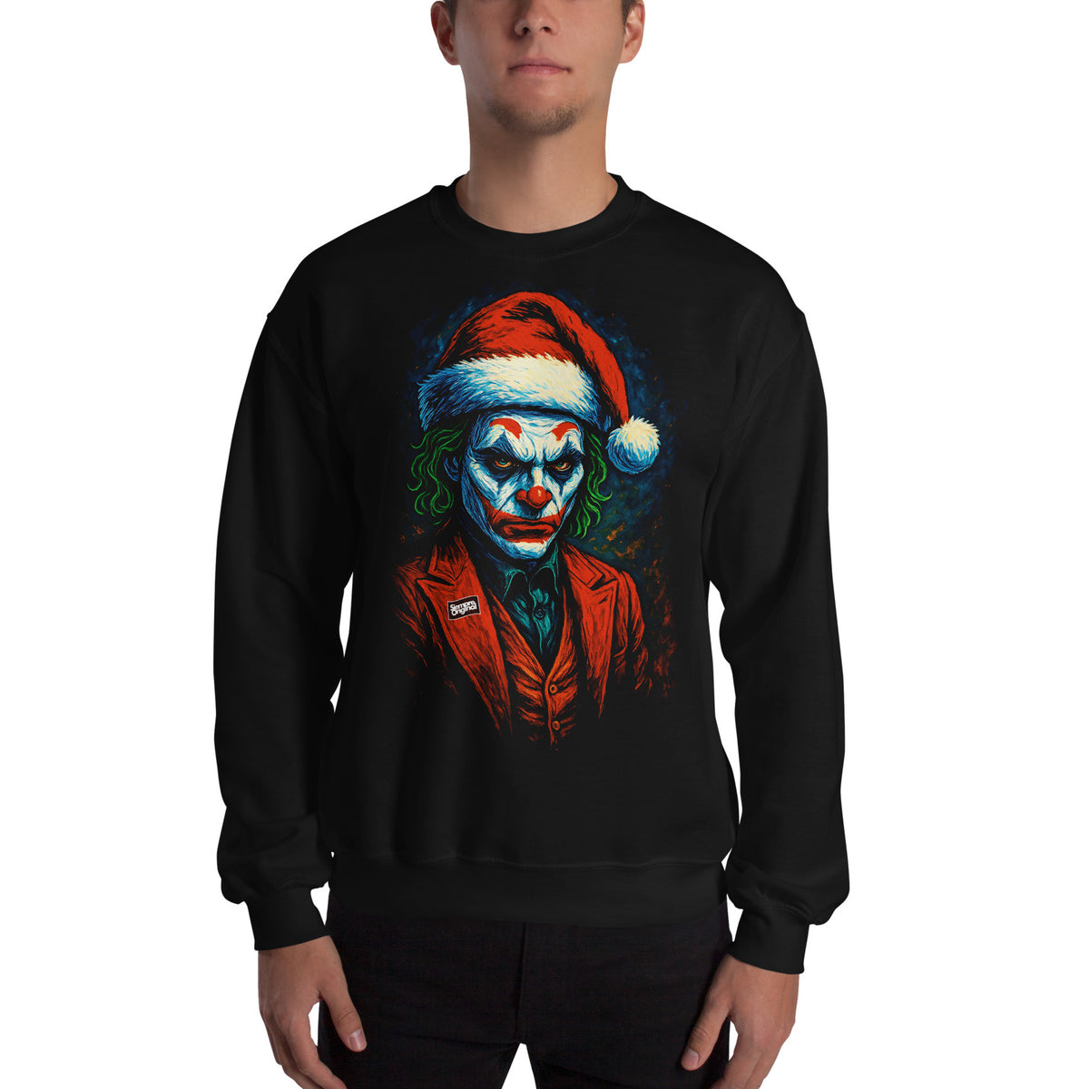 Hombre con sudadera negra de Joker navideño con gorro de Papá Noel