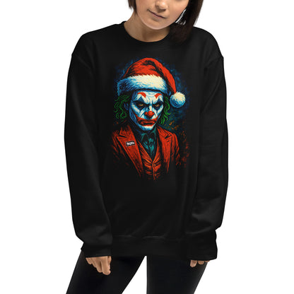 Mujer con sudadera negra de Joker navideño con gorro de Papá Noel