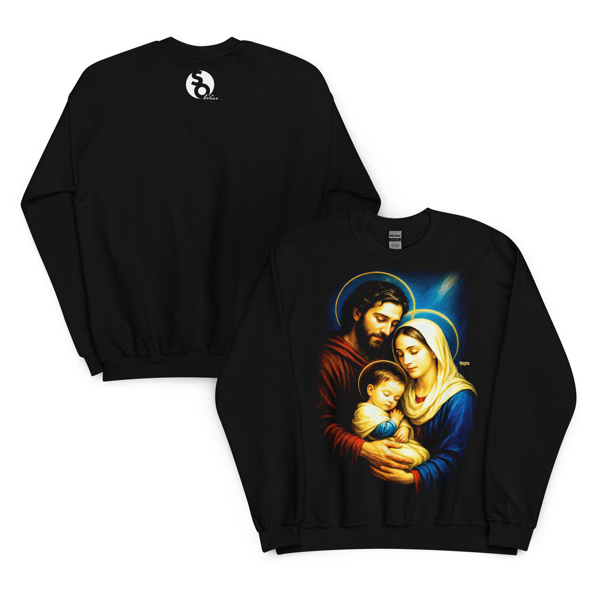sudadera negra con la Virgen María y San José sosteniendo al Niño Jesús dormido delante y logo SO Wear detrás