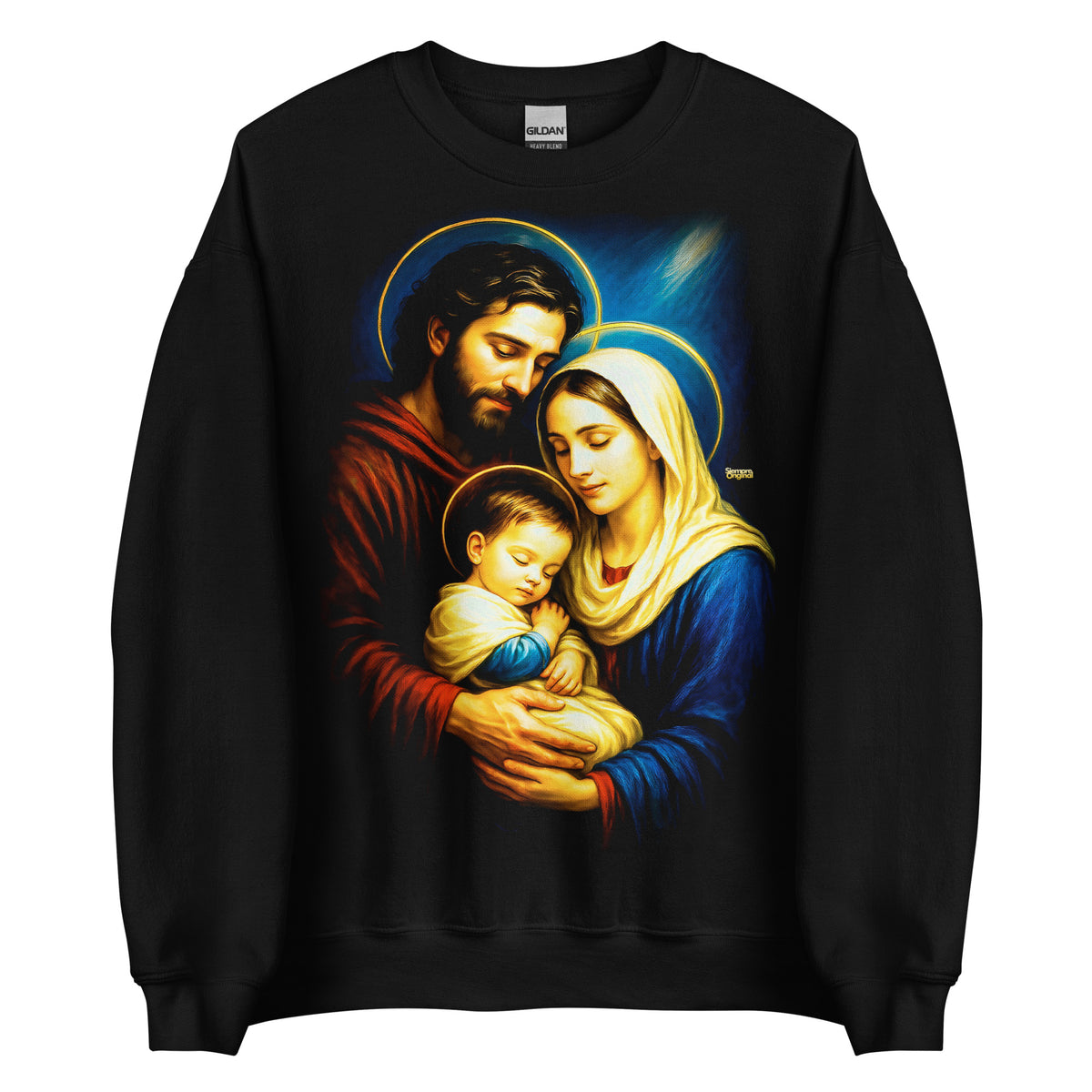 Sudadera negra con la Virgen María y San José sosteniendo al Niño Jesús dormido