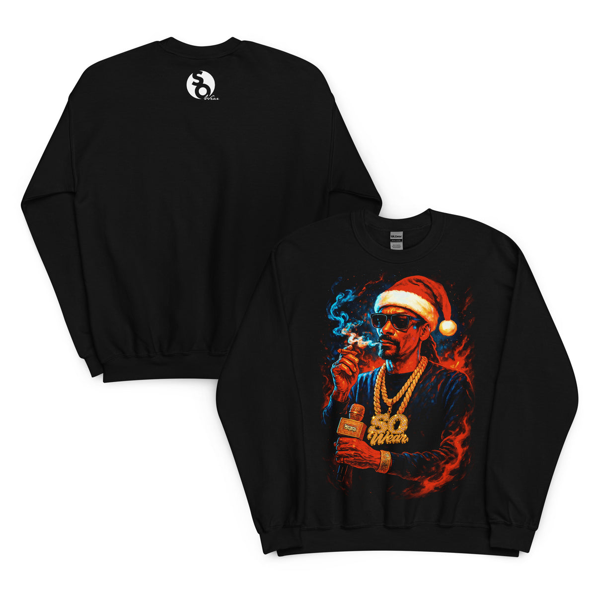 Sudadera negra navideña de Snoop Dogg con gorro de Papá Noel delante y logo SO Wear detrás