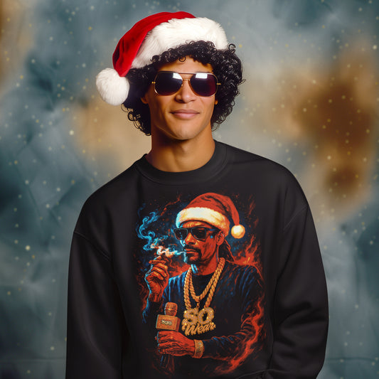 Hombre con sudadera negra navideña de Snoop Dogg con gorro de Papá Noel