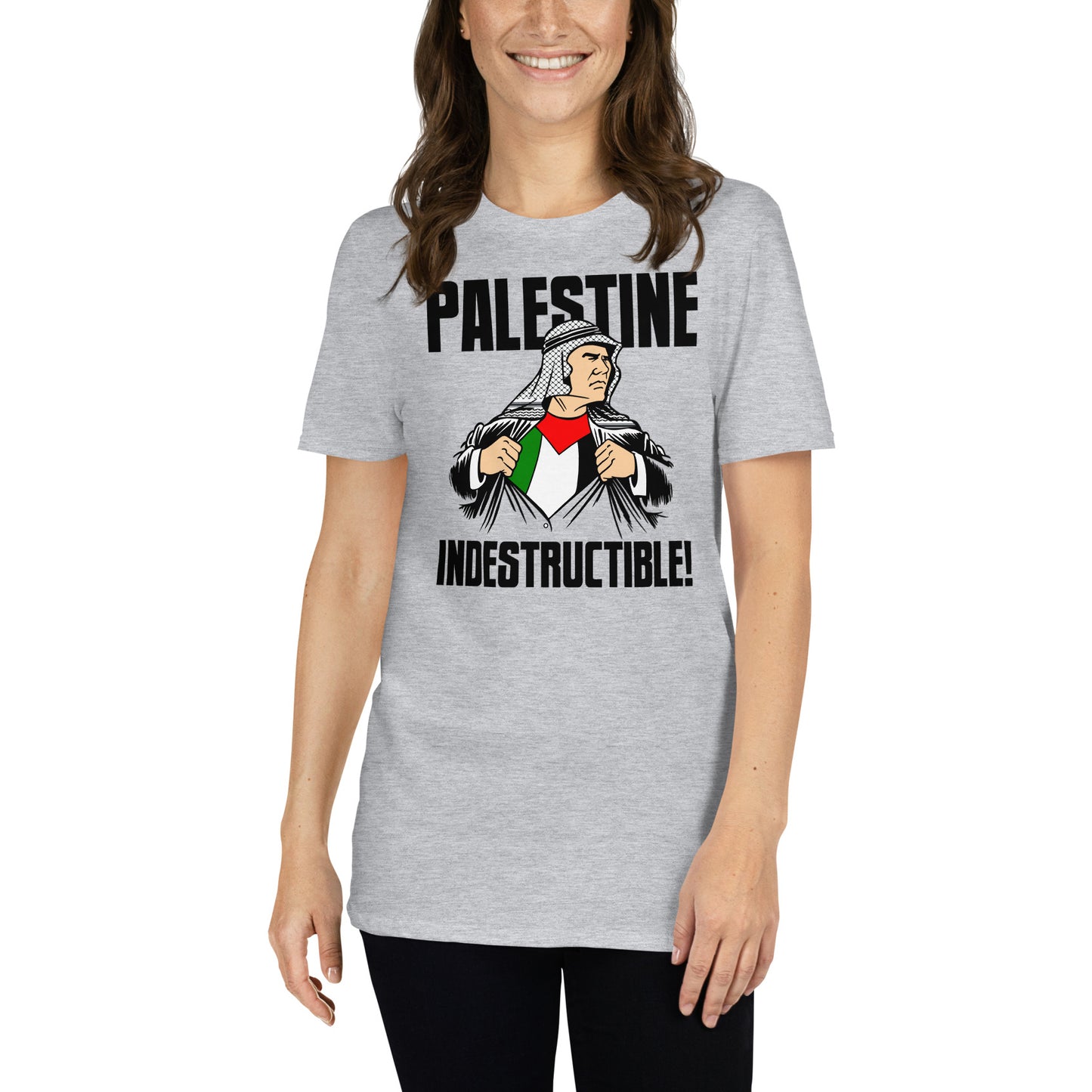 Camiseta Palestina Indestructible. Color gris.