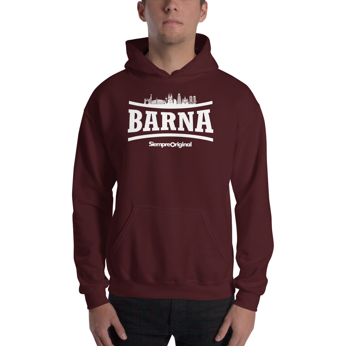 Sudadera con capucha de la ciudad de Barcelona. Color Granate.