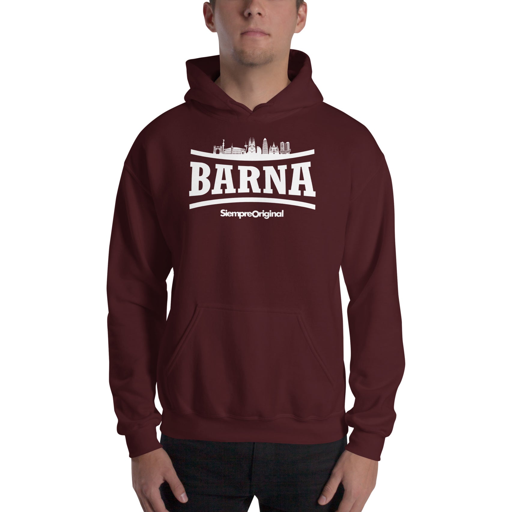 Sudadera con capucha de la ciudad de Barcelona. Color Granate.