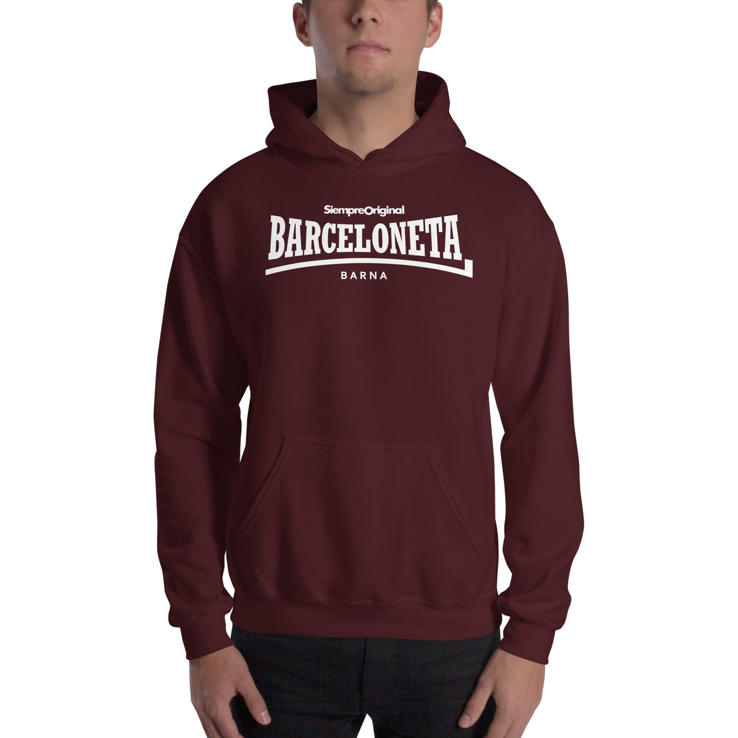 Sudadera con capucha del barrio de La Barceloneta - Barcelona. Color Granate.