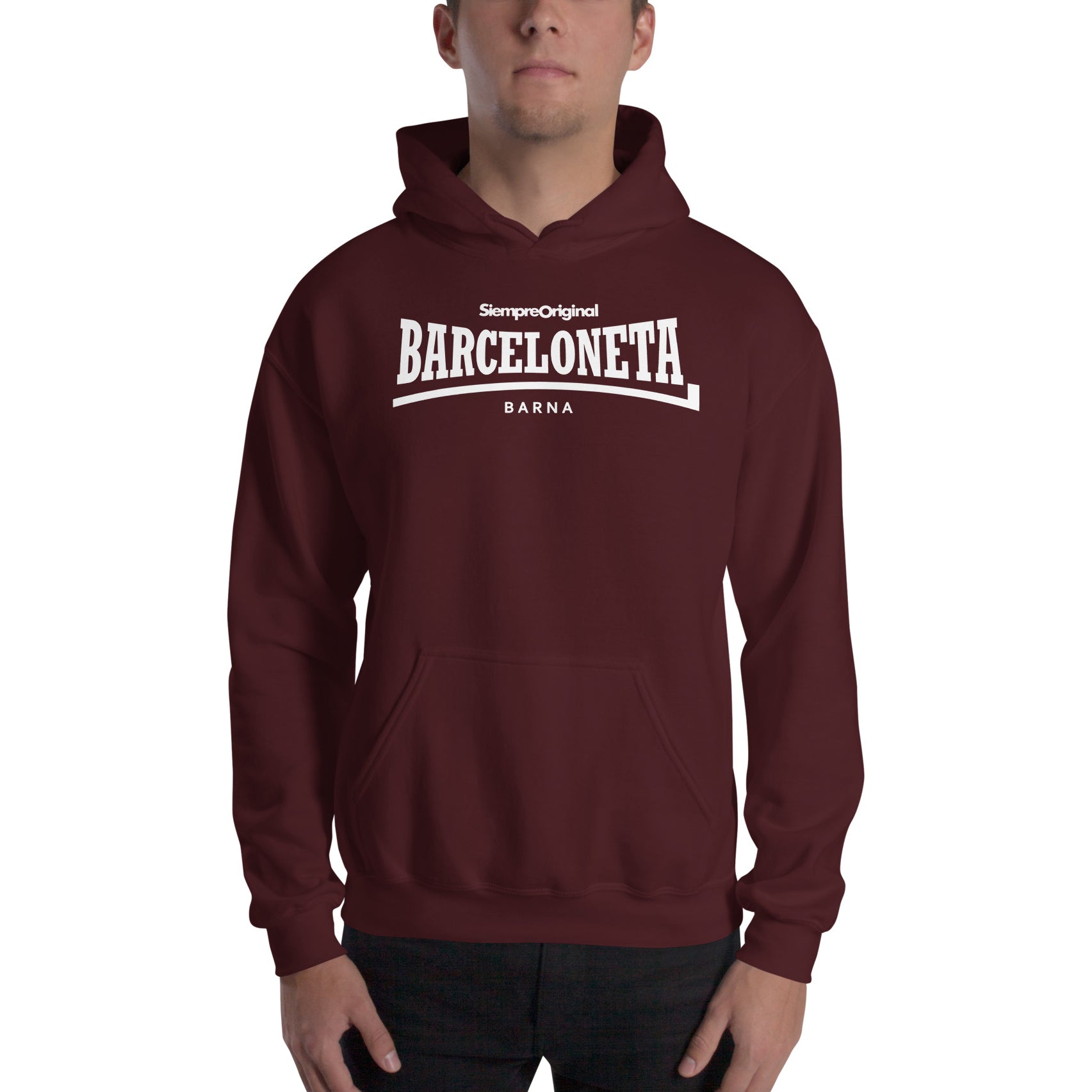 Sudadera con capucha del barrio de La Barceloneta - Barcelona. Color Granate.