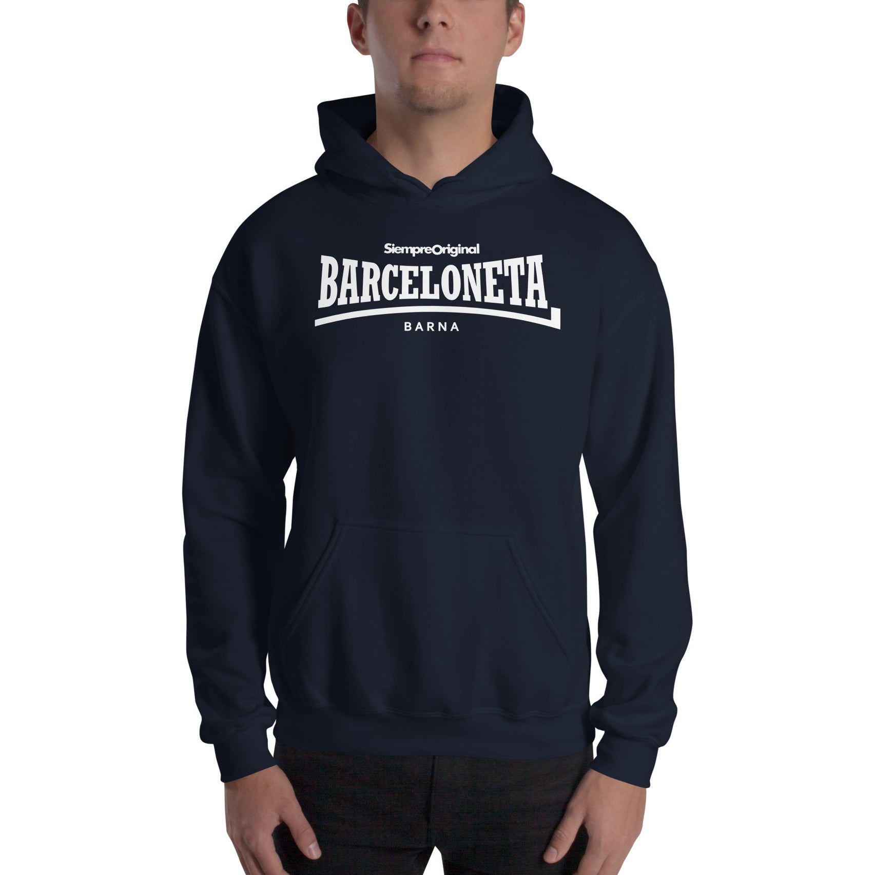 Sudadera con capucha del barrio de La Barceloneta - Barcelona. Color Azul Marino.